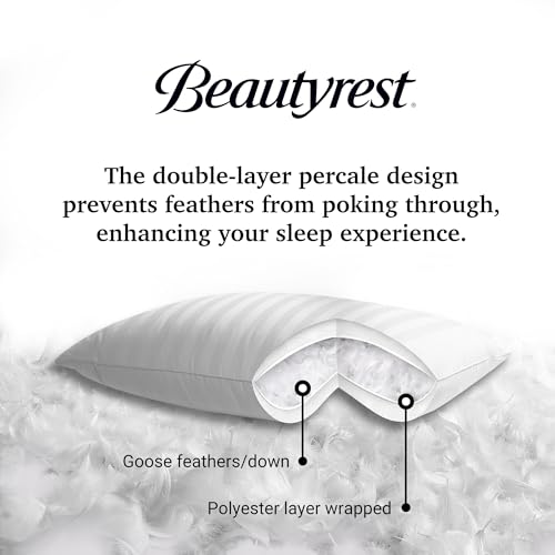 Beautyrest Hotel Collection Fluffy Luxury Goose Feathers Medium Firm Hypoallergenic Pillow, 500 Thread Count US Grown Cotton Cover (20x36”), King (Pack of 2), White 2