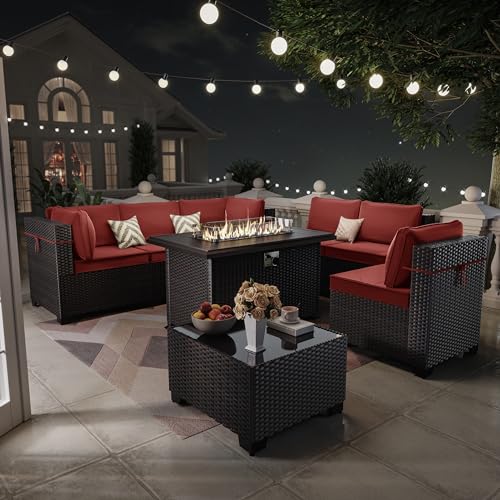 12 Piece Outdoor Patio Furniture Set,All-weather PE Wicker Rattan Outdoor Sectional Sofa with 4-inch Cushions,Patio Conversation Sets with Glass Coffee Table,Red