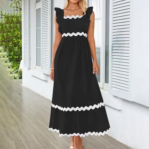 Women's Sleeveless Ruffle Dresses Cute Party Dress Flowy Maxi Dress Casual Boho Floral Sundress Beach A-Line Dress