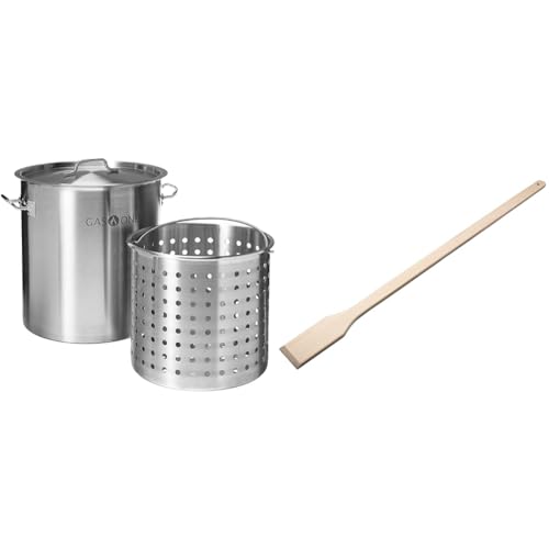 GasOne Stainless Steel Stockpot with Basket – 36qt Stock Pot with Lid and Reinforced Bottom – Heavy-Duty Cooking Pot for Deep Frying, Turkey Frying, Beer Brewing, Soup, Seafood Boil – Satin Finish
