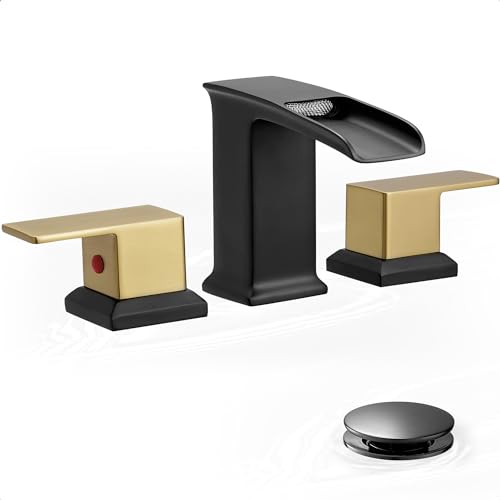 Bathroom Waterfall Faucet, Brass 4-16 Inch Brushed Nickel Faucet Bathroom Widespread 2 Handles Bathroom Sink Faucets 3 Hole with Hoses & Drain