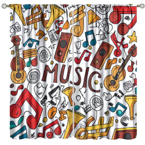 Music Curtains, Music Old Fashioned Speaker Pattern Window Treatments, Modern Style Print Blackout Drapes 2 Panel Set for Kids Teens Living Room Bedroom Kitchen21 W X 45