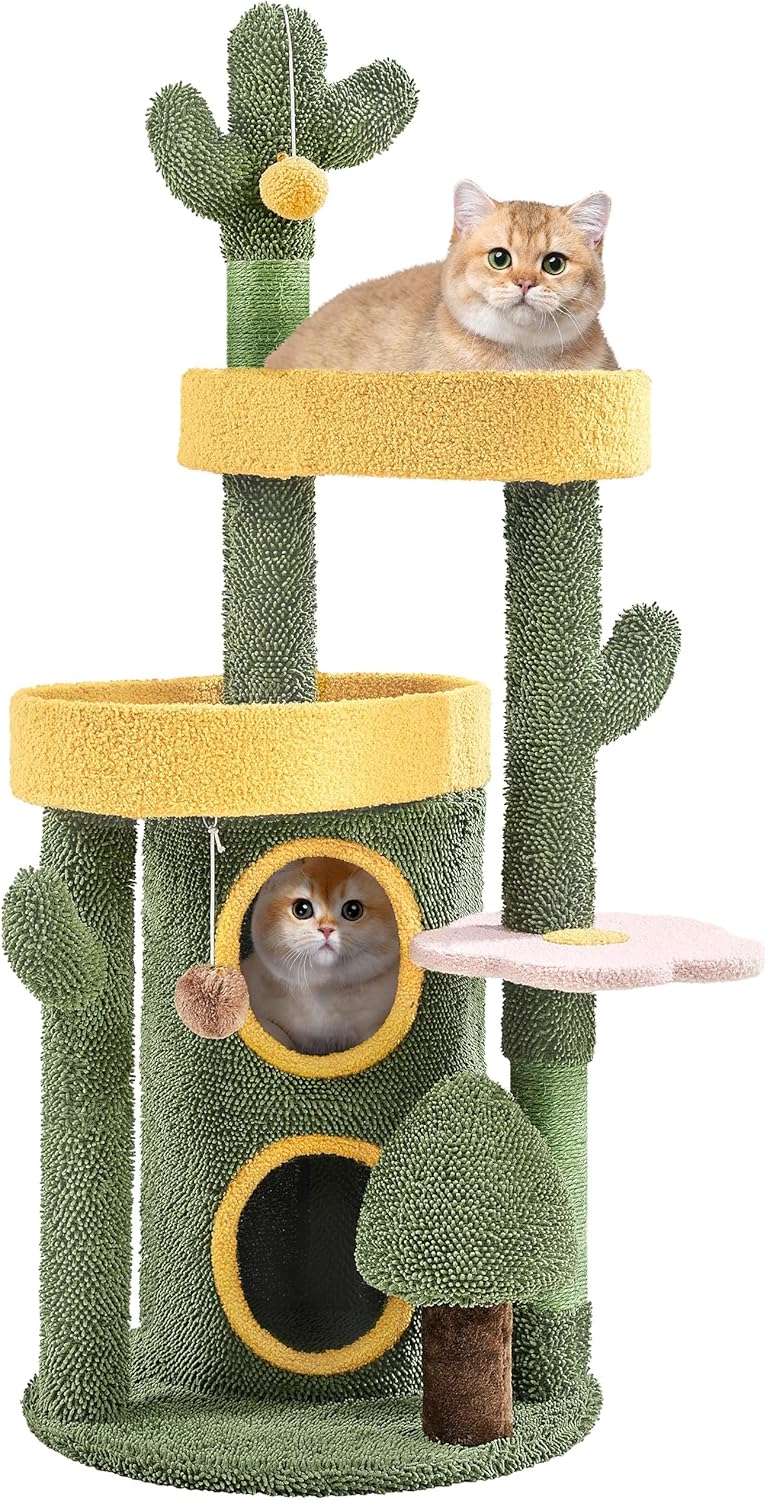 Yaheetech Cactus Cat Tree, 48.5″ H Oasis-Themed Cat Tower for Indoor Cats, Flower Cat Tree w/ 2-Tiered Condo, Scratching Posts & Fluffy Balls, Cat Activity Center Play House