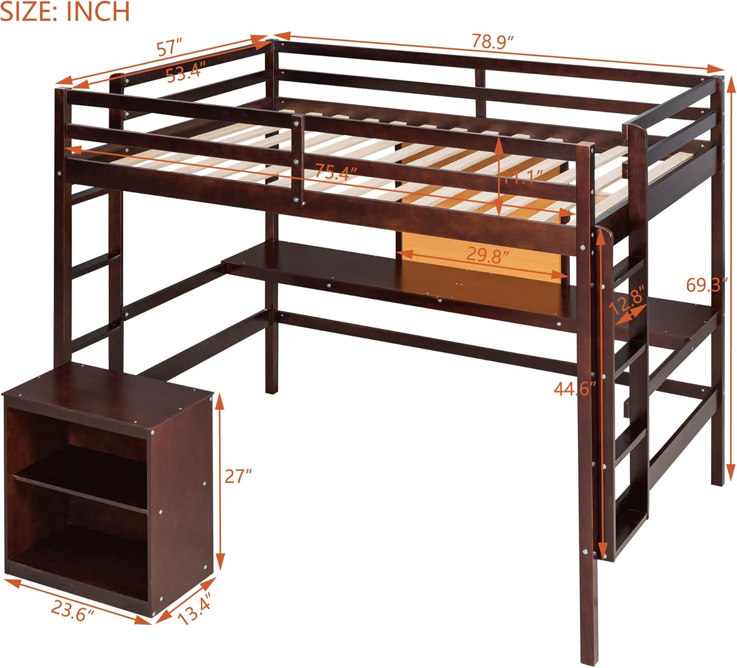 Full size Loft Bed with Desk and Writing Board, Wooden Bed Frame with Portable 2 Drawers Cabinet for Kids Teens Adult, Espresso
