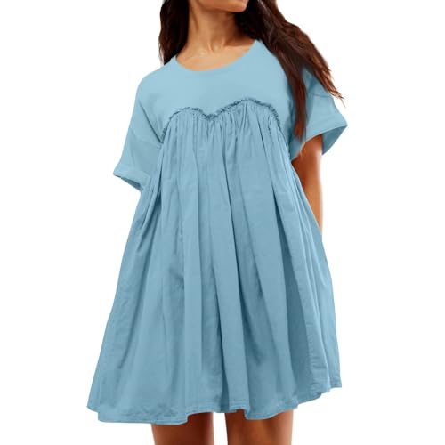 Women's Fashion Summer Dress Round Neck Short Sleeve Casual Solid Beach Pleated Patchwork Sundress