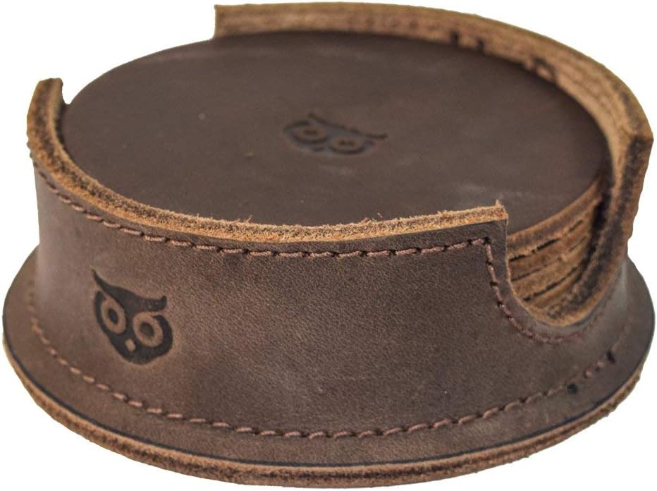Hide & Drink, Durable Thick Leather Owl Coasters (6-Pack) Wood Furniture, Coffee & Kitchen Table, Stain Protection, Home & Office Essentials Handmade :: Bourbon Brown