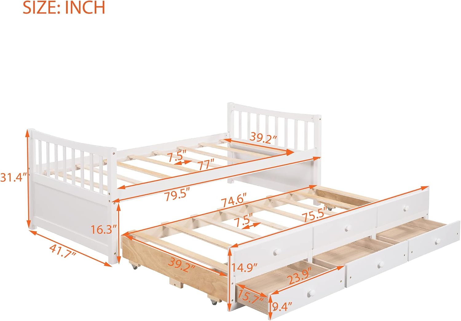 Twin Captain’s Bed with Trundle Bed, Wood Storage Daybed with 3 Storage Drawers, Wooden Platform Bed Great for Kids Guests Sleepovers, White