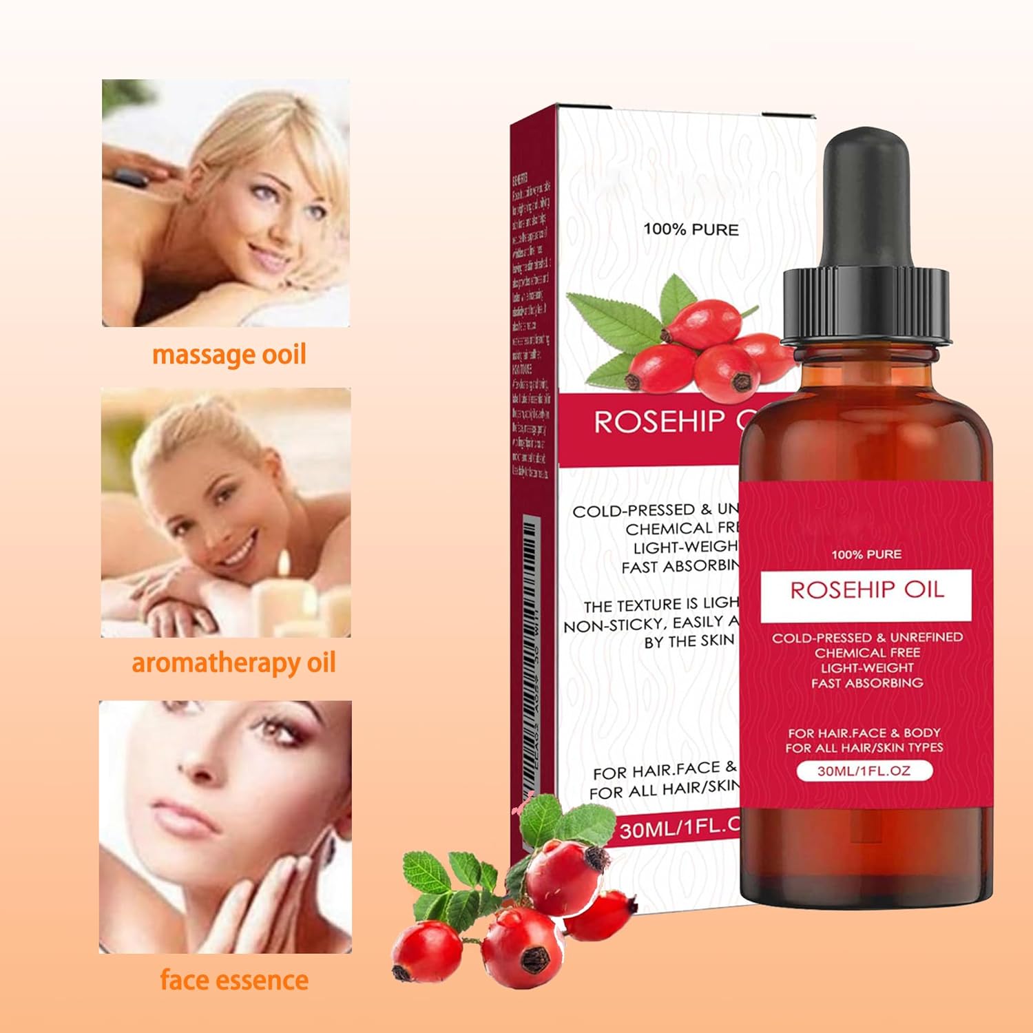 Rose Hip Oil For Body, Rose Hip Seed Oil For Face- Cold Pressed Rose Hip Oil Organic for Face, Hair & Nails (3PCS)