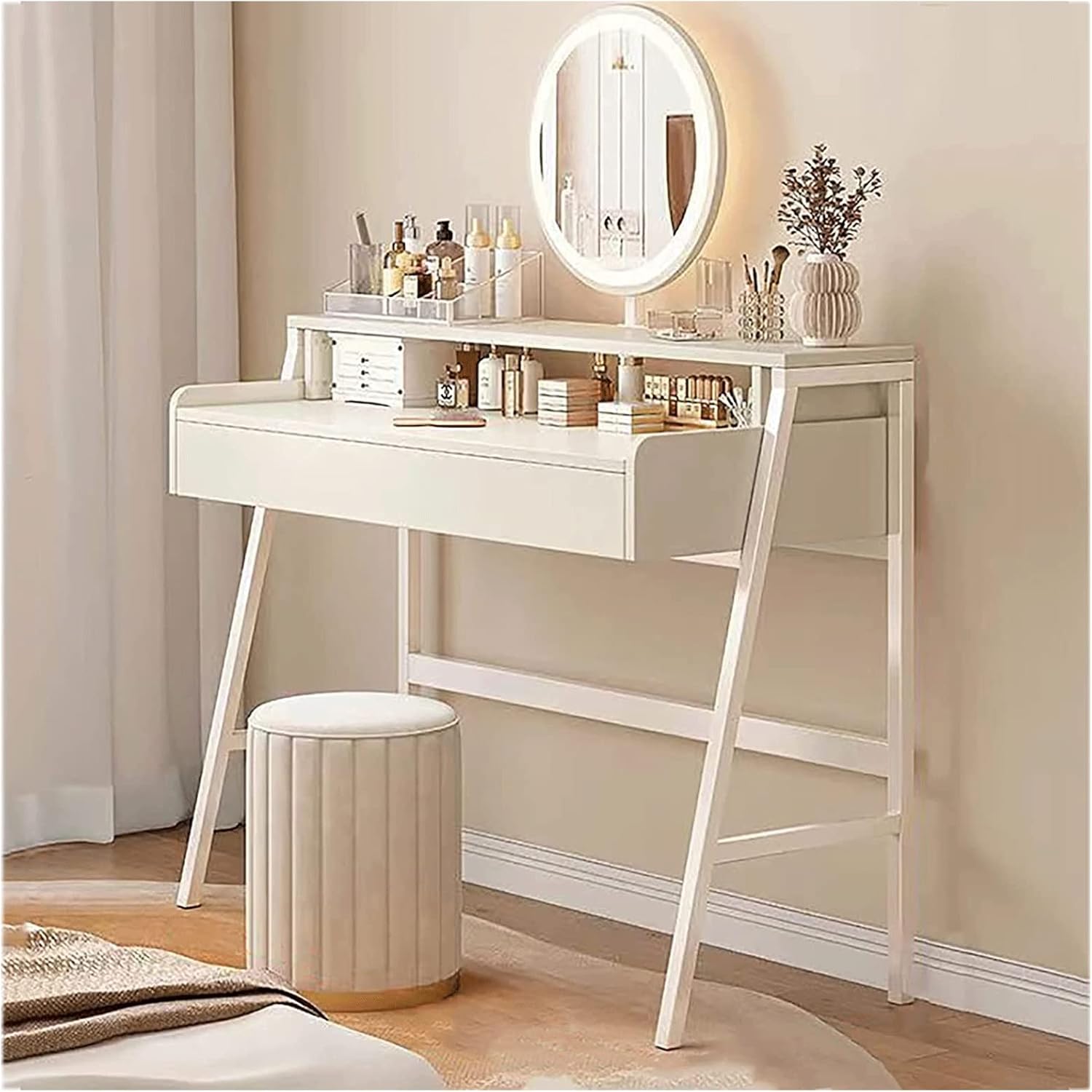 Sturdy Large Vanity Desk for Dressing Room Bedroom, Makeup Table with 3 Dimming Lights Mirror, Vanity Set with Makeup Stool Stable