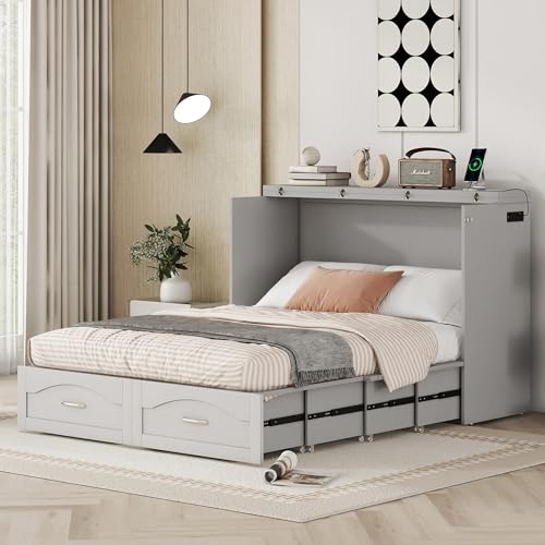 Queen Size Murphy Bed Wall Bed with Storage and Bookcase Headboard, Solid Wood Murphy Cabinets Bed with Shelves, Drawers and USB Ports, Multi-Function Platform Bed for Home Office, Guest Room (White)