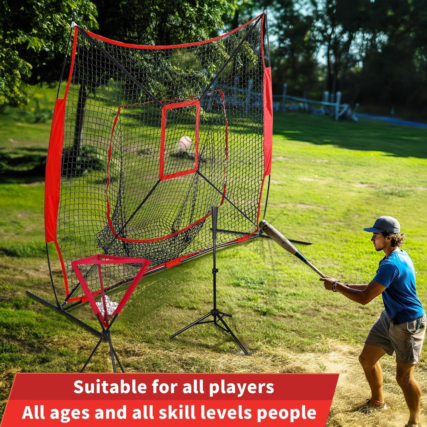 7' x 7' Baseball Softball Practice Hitting & Pitching Practice Net Batting Pitching Training Aid Net w/Carry Bag Strike Zone Metal Bow Frame Baseball Equipment Training Aids for All Skill Levels