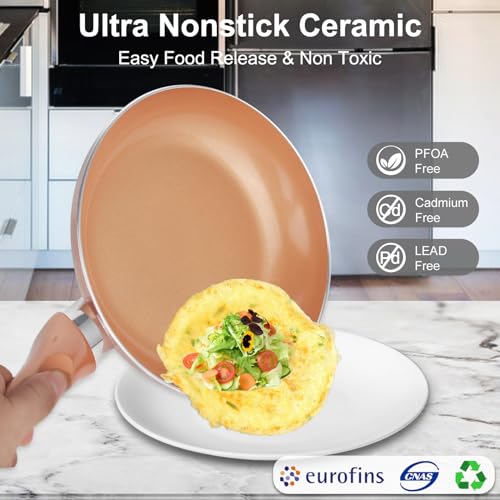 Pots and Pans Set Ultra Nonstick, Pre-Installed 11pcs Cookware Set Copper with Ceramic Coating, Stay cool handle & Nylon Kitchen Utensils, Gas/Induction Compatible, 100% PFOA Free