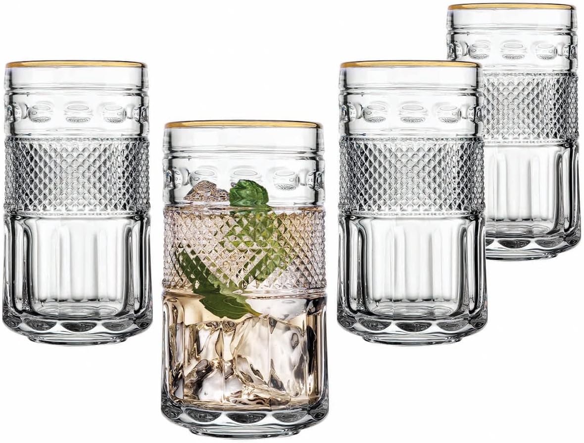 Godinger Highball Beverage Glass Cup Juniper Gold Rim - Set of Four