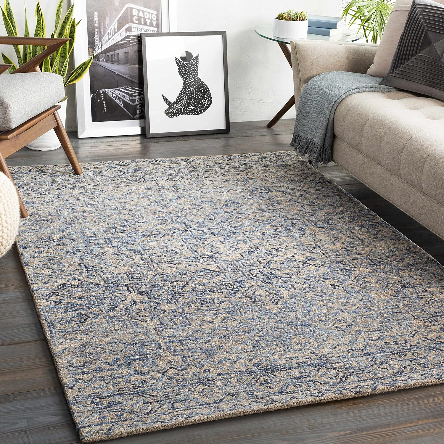 Hauteloom Radisson Boho Wool Living Room, Bedroom Farmhouse Area Rug - Transitional, Bohemian, Vintage - Blue, Brown, Gray - 5' x 7'6