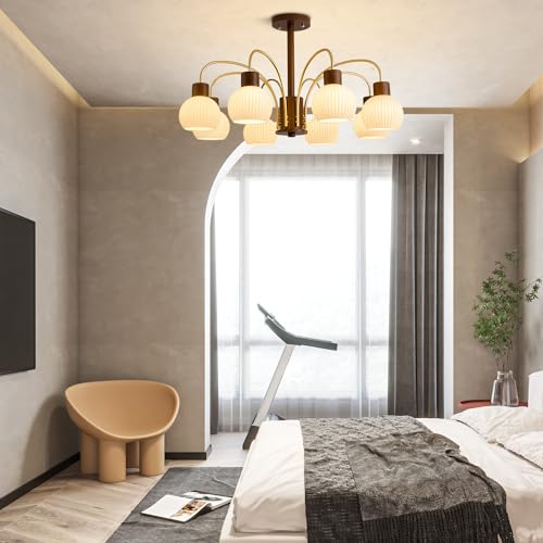 Mid Century Modern Globe Chandelier 6-Light Ribbed Milk Glass Chandelier Farmhouse Rustic Wood Chandelier White and Gold Pendant Light Dining Room Light Fixtures over Table