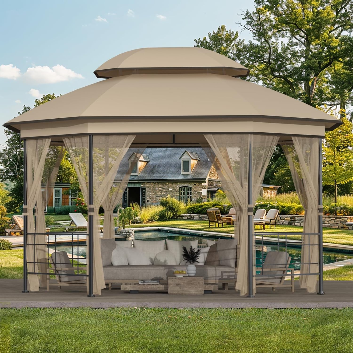 Patio Gazebo 11'x13' with 8 Supporting Pillars, Heavy Duty Outdoor Canopy Shelter with Stable Metal Frame, Double Roofs, Ceiling Hooks and Mosquito Netting for Backyard, Garden, Lawn