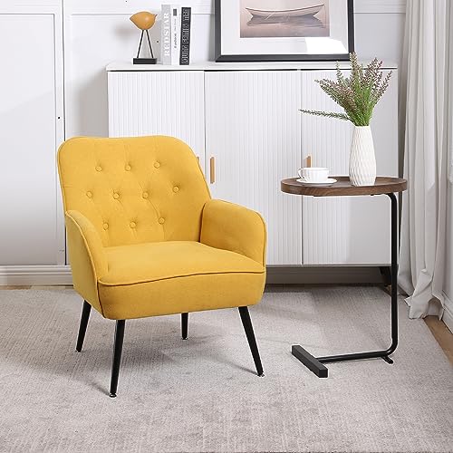 Linen Accent Chairs, Button-Tufted Bedroom Chair Mid Century Modern Armchairs with Black Metal Legs Upholstered Accent Chair Living Room Chairs, Orange
