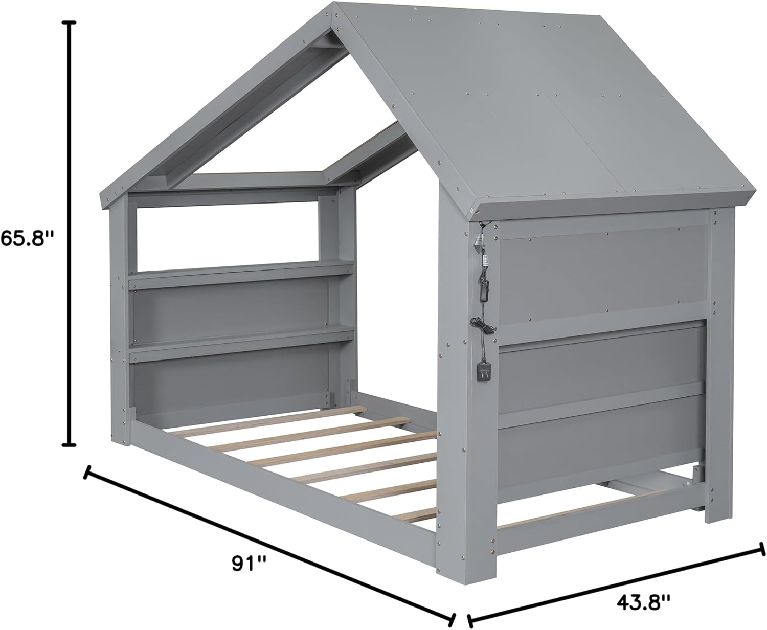 Twin House Floor Bed with Roof and Window, Solid Wood Montessori Bed Low Floor Twin Bed Frame with LED Light for Kids Girls Boys, No Box Spring Required