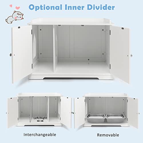 Tangkula Cat Litter Box Enclosure, Wooden Cat House Side Table w/Removable Divider, Reversible Entrance, Magazine Rack, Large Nightstand Pet House, Hidden Cat Washroom, Litter Box Furniture (White)