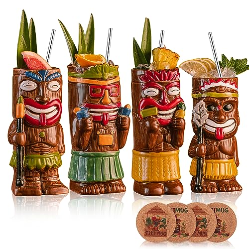 Cocktail Tiki Mugs Set Of 4 - Exotic Mug With 4 Coasters And 4 Straws，Cute Ceramic Hawaiian Style Cocktail Glasses For Party And Tropical Tiki Bar，Mai Tai Cocktail Drinkware (Glossy)
