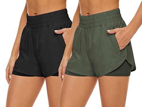 2 Pack Athletic Shorts for Women, Quick Dry Running Shorts with Pockets High Waisted Workout Gym Sports Shorts
