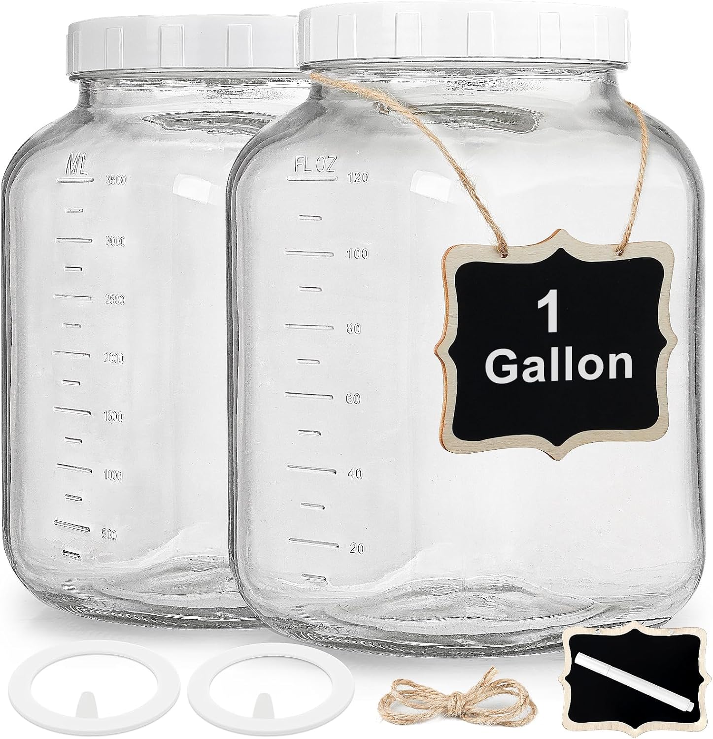 2 Pack Wide Mouth 1 Gallon Clear Glass Jar with Lid, Heavy Duty Airtight Screw Lid with Silicone Gasket - Large Mason Jar with 2 Scale Mark for Fermenting Kombucha and Storing Food(Extra 2 Gaskets)