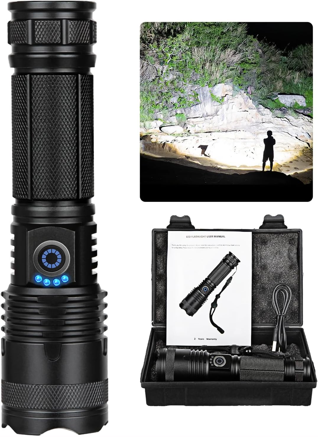 Flashlights High Lumens, 990000 Lumens LED Flashlight Rechargeable, 5 Modes, Adjustable Beam & 12H Running Time, Powerful and Bright Flash Light for Home/Camping, IPX6 Waterproof