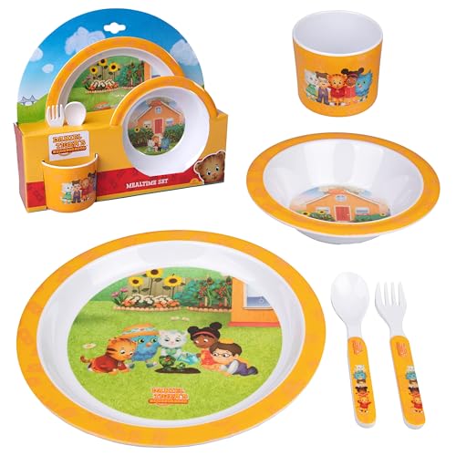 Daniel Tiger 5 Pc Mealtime Feeding Set for Kids and Toddlers - Includes Plate, Bowl, Cup, Fork and Spoon Utensil Flatware - Durable, Dishwasher Safe, BPA Free (Red)