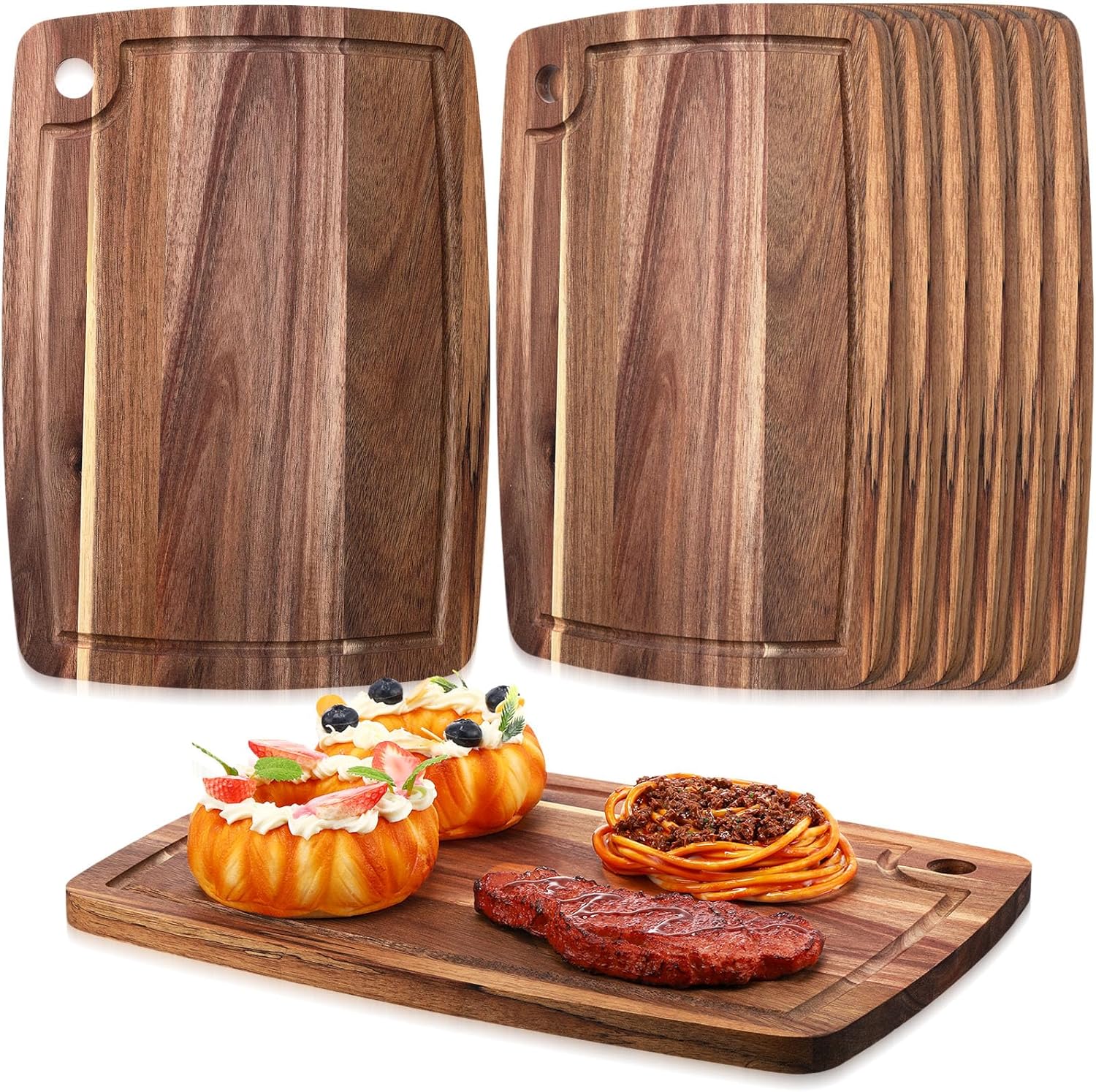 6 Pieces Acacia Wood Cutting Board Kitchen Wooden Chopping Board with Juice Groove Reversible Charcuterie Serving Board Butcher Block Cutting Board for Meat, Cheese, Vegetables, 14