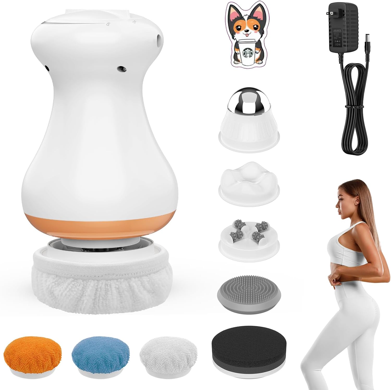 Cellulite Massager V9.8 with 5 Massage Heads and 3 Skin Friendly Washable Pads, Hand-held Beauty Sculpt Massager for Legs—Cloud White