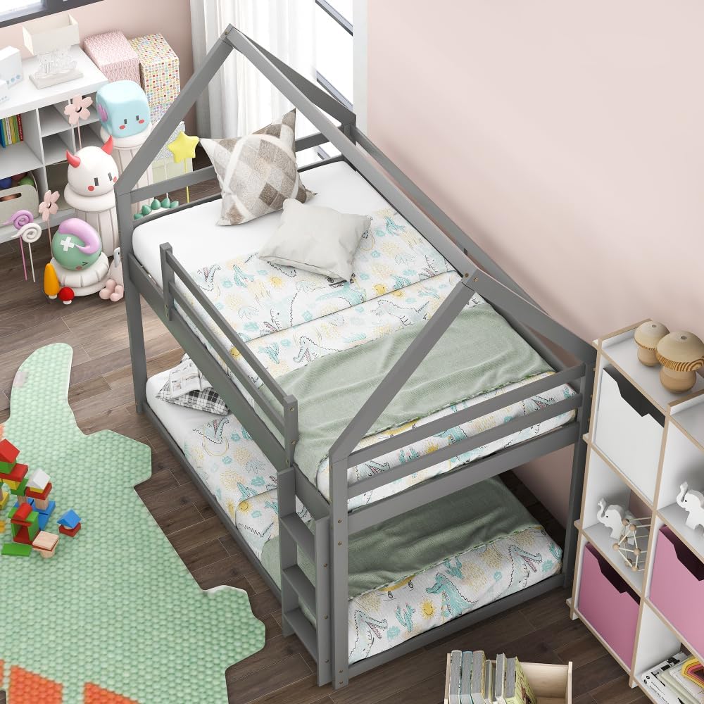 Twin Over Twin Low Bunk Bed, House Bed with Ladder, Gray 1-Numbers of Package Pine Wood+MDF 14pcs 77.3
