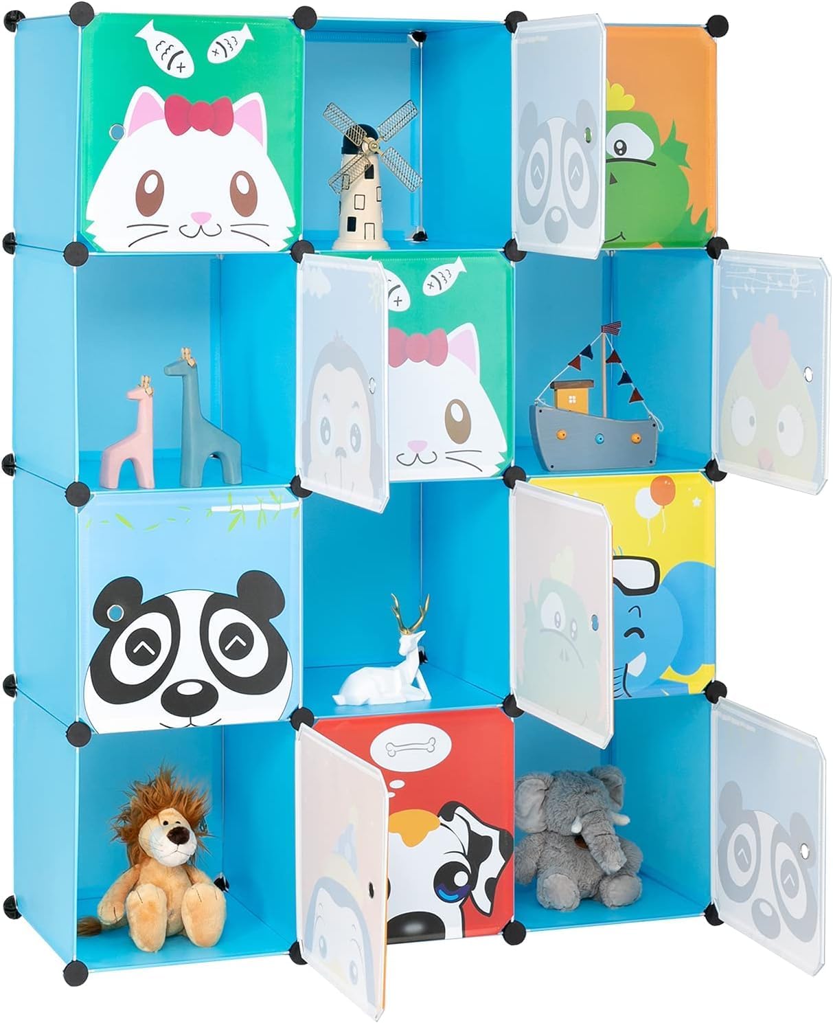 4 Layers Cube Wardrobe, 12 Grids with Animal Patterns and 2 Hanging Rods, Children's Cloth Wardrobe, Book Storage Cabinet, 105 * 35 * 140cm