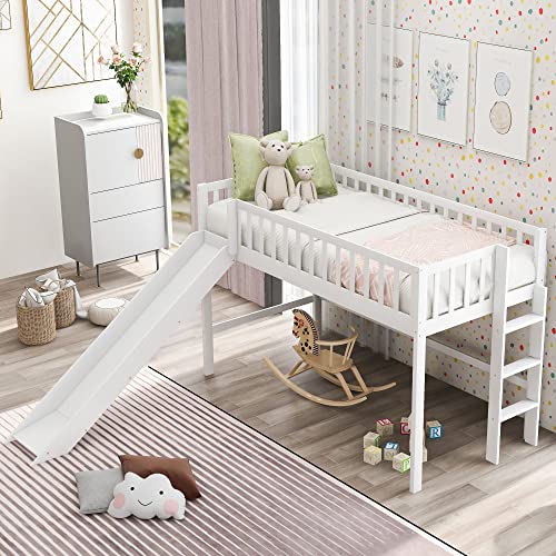 Low Loft Bed with Slide and Chalkboard, Kids Twin Loft Bed Frame for Living Room Bedroom, Guest Room. No Box Spring Needed/Easy Assembly (Twin Size Loft Bed, Gray)