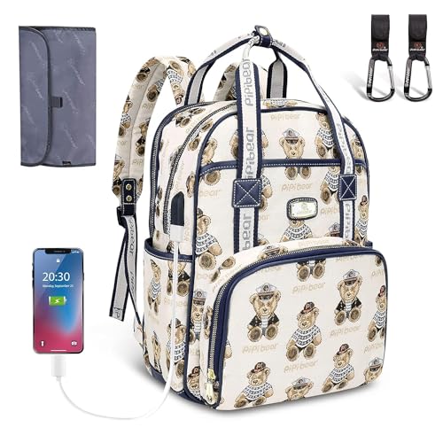 pipi bear Diaper Bag Backpack, Jacquard Diaper Backpack with Changing Pad and USB Charging Port, Stylish Baby Bag for Mom Dad, Black