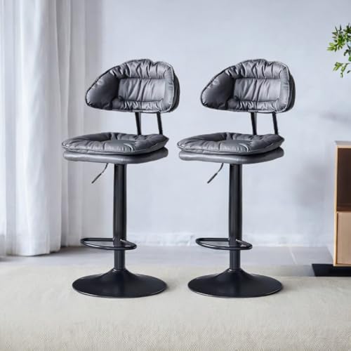 Adjustablet Swivel Bar Stools with Backrest and Armrest, Set of 2 Elevatable backrest high Legged Chair for Dining Room Home Bar Kitchen Island(Grey) (Grey/Black Painted Chassis)