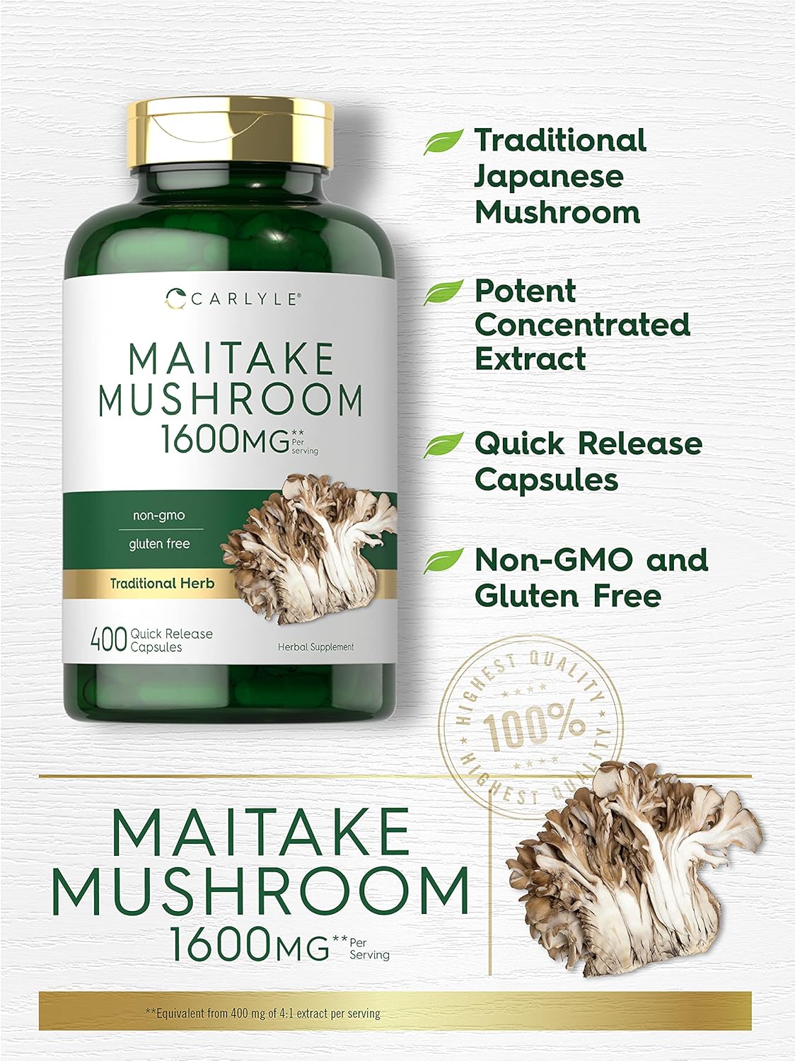Carlyle Maitake Mushroom Capsules | 1600mg | 400 Count | Non-GMO & Gluten Free Extract | Mushroom Supplement