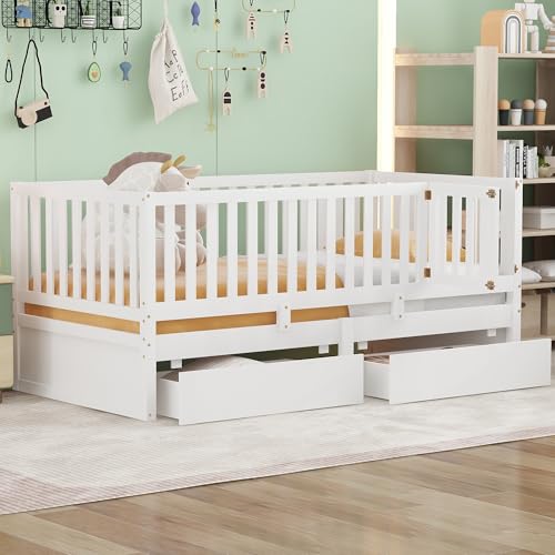Full Bed Frame with Rails and Storage Drawers, Can Be Divided into A Full Size Floor Bed with Fence and A Daybed with 2 Drawers, Wood Montessori Beds with Kids Boys Girls Teens, Natural