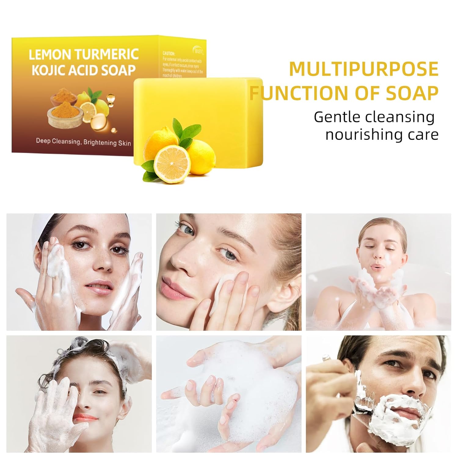 Lemon Turmeric Kojic Acid Soap, Kojic Acid Soap for Brightening, 7OZ/200g Turmeric Soap Bars for Dark Spots, Kojic Acid Dark Spot Remover Soap Turmeric Face Wash Body Wash Hand Bath Soap Face Cleanser