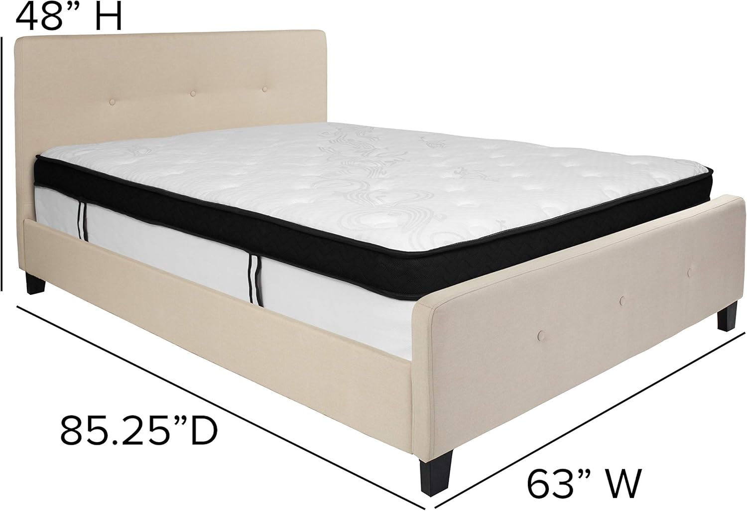 Flash Furniture Tribeca Queen Size Tufted Upholstered Platform Bed in Beige Fabric with Memory Foam Mattress