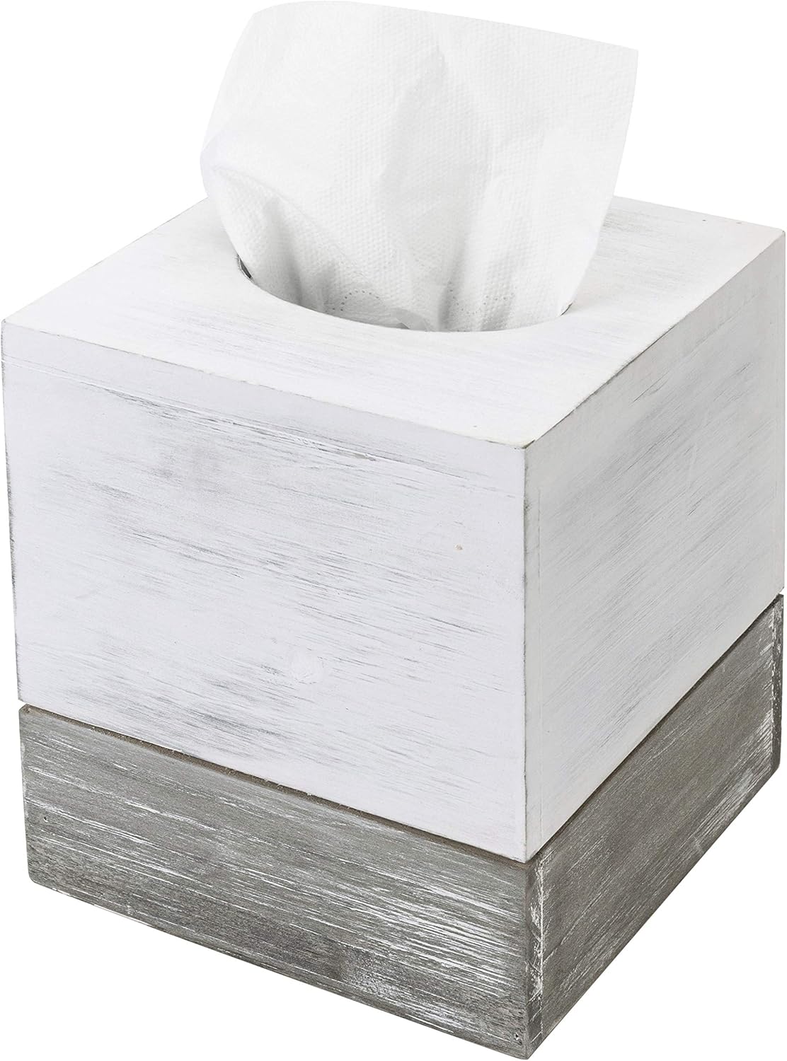 MyGift Vintage White and Distressed Gray Wood Square Bathroom Tissue Box Dispenser Holder Cover with Slide-Out Bottom Panel, 5.5 x 5.5 x 6.3 Inches