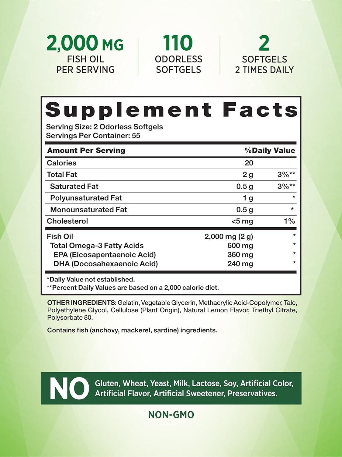 Nature's Truth Fish Oil Supplement | 2000mg | 110 Softgels | Omega-3 | Non-GMO & Gluten Free | Natural Lemon Flavor | Burpless