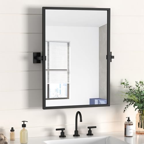 Farmhouse Black Metal Framed Oval Mirror for Bathroom, Pivot Matte Blck Bathroom Mirror for Wall, Tilting Vanity Mirror for Bathroom, Entryway, Home Decor 20” X 28”