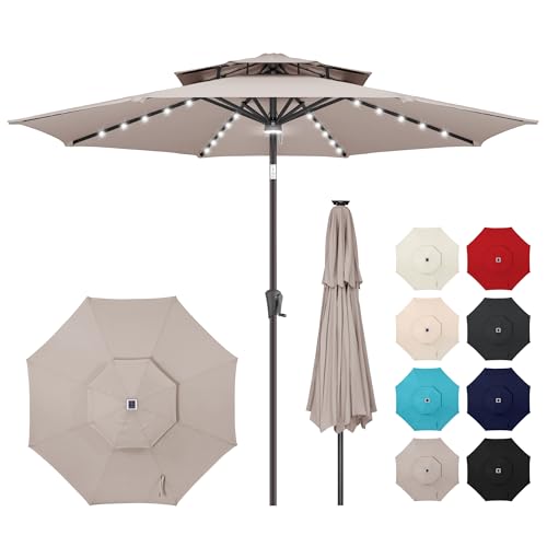 7.5ft Solar Umbrella Outdoor - Lighted Patio Umbrella with 24 LED Lights Waterprool Uv Protection, Table Umbrella with Tilt & Crank for Pool, Porch, Garden, Deck, Backyard(Beige)