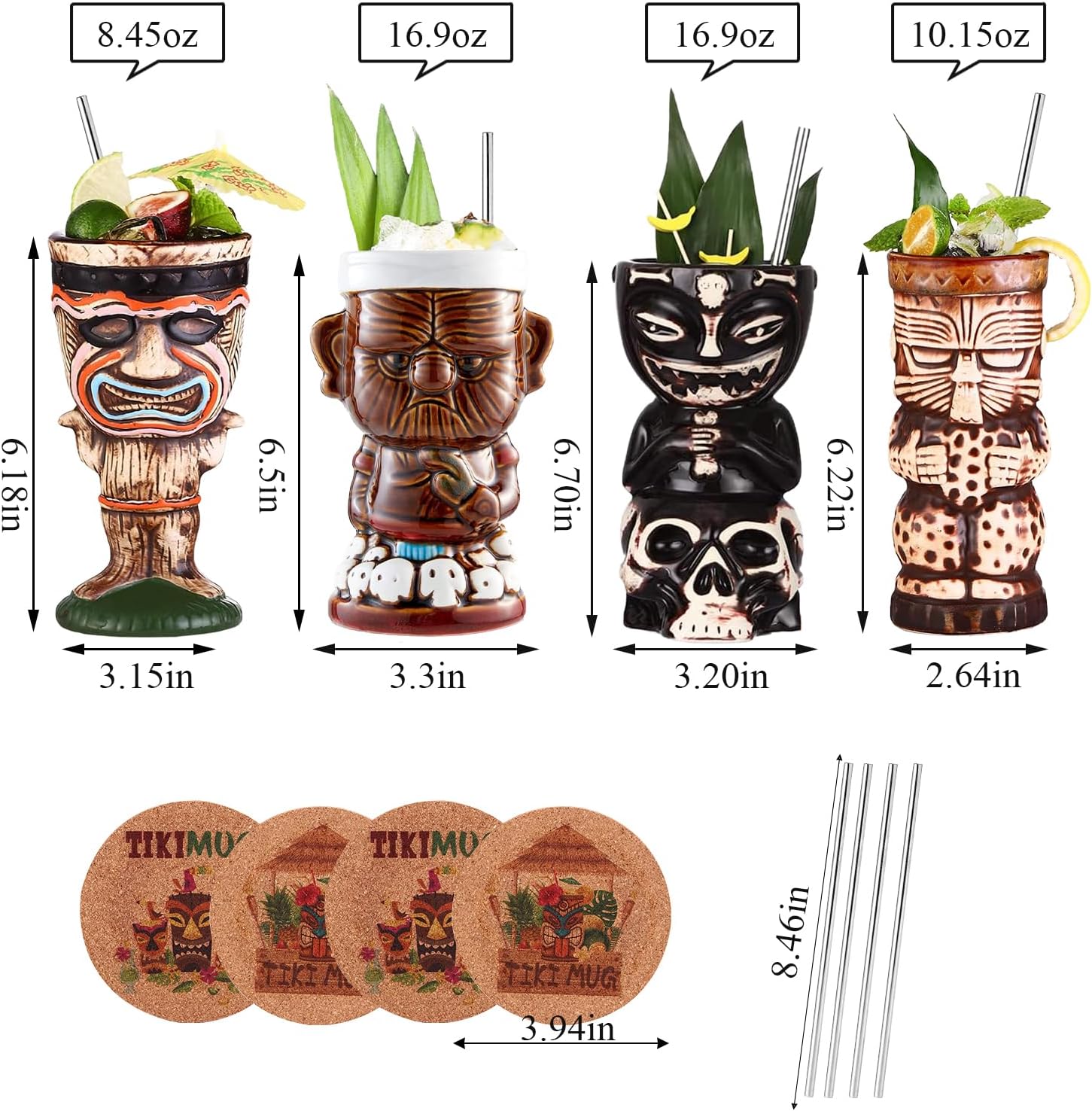 Tiki Mugs For Cocktail Set Of 4 - Ceramic Tiki Glasses?Cocktail Glasses For Hawaiian Style Party,Tropical Drinkware For Mai Tai, Luaus, And Tiki Bars.