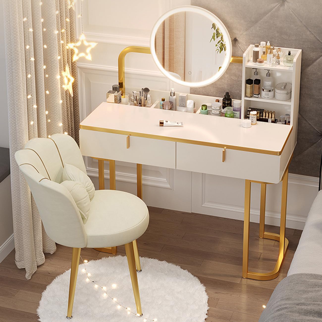 Makeup Vanity Table with Drawers & LED Makeup Mirror, 3 Adjustable Brightness, New Makeup Experience Dressing Table with Chair, Bedroom Vanity Table as for Her