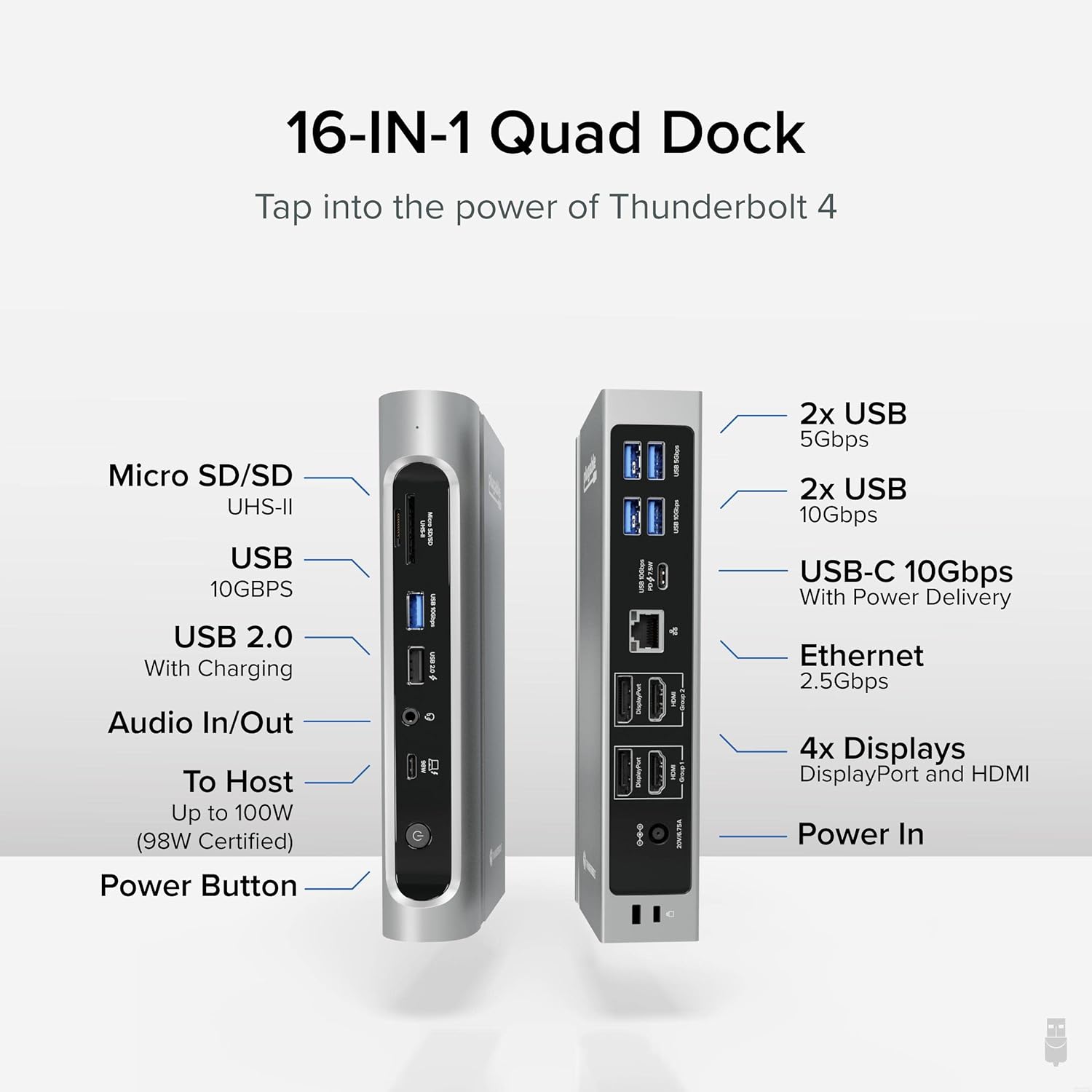 Plugable 16-in-1 Thunderbolt 4 Dock with 100W Charging, 4K Quad Monitor Setup for Thunderbolt 4 Windows Laptops, Thunderbolt Certified Dock with 2x HDMI, 2x DisplayPort, 2.5G Ethernet, 7x USB, SD