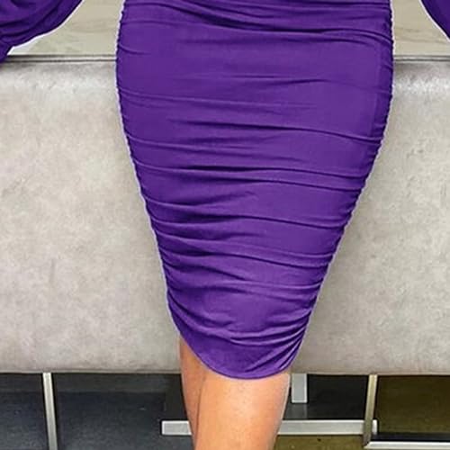 Women'S Sexy Ruched Bodycon Midi Dress Long Puff Sleeve V Neck Cocktail Party Wedding Dresses A-Line Mini Dress