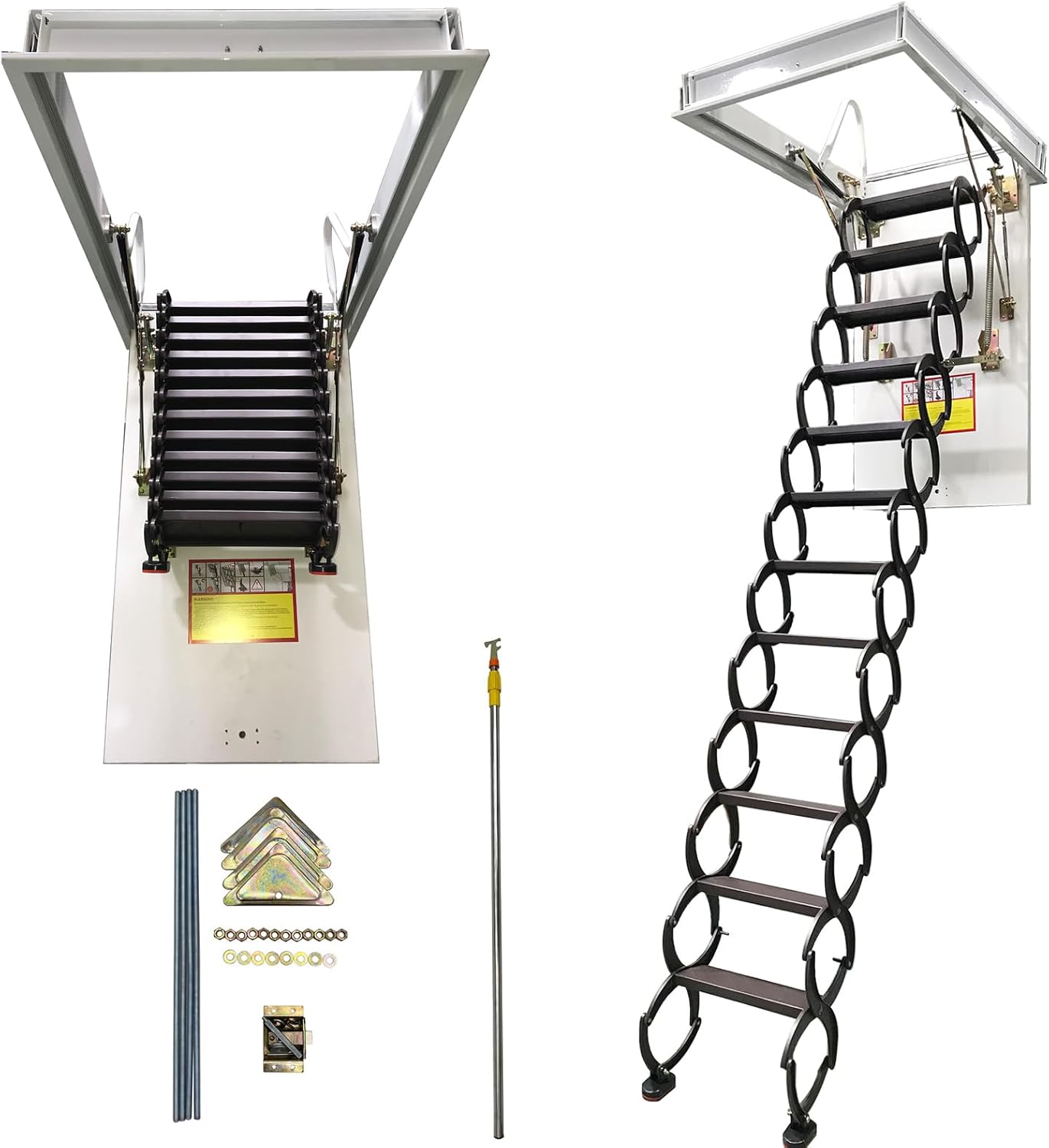 TECHTONGDA Pull Down Attic Ladder, Folding Ladder Loft Stair for Ceiling, 12 Steps 9.8ft Attic Stairs, Chocolate 31.5 x 35.4 Inch Retractable Attic Ladder, Carbon Steel Attic Steps Extension Ladder
