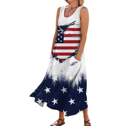 2024 Womens Summer Dresses Casual Sleeveless Midi Sundress Trendy Floral Printed Beach Dresses with Pocket