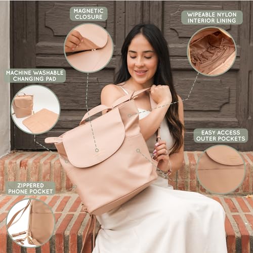 BirdRock Baby Seaside Diaper Bag Backpack - Stylish Vegan Leather, Large Capacity Travel Diaper Bag for Women (Classic Brown)